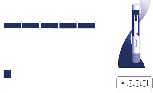 Penna iniettabile bianca e blu con quattro cartucce blu scure disposte orizzontalmente e un piccolo quadrato blu in basso