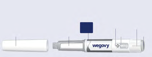 Penna per iniezione Wegovy da 0.5mg con cappuccio protettivo aperto e indicatore di dose visibile