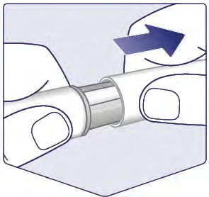 Mano che tiene un dispositivo per iniezione sottocutanea con ago protetto e freccia blu che indica la direzione di utilizzo