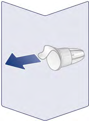 Siringa preriempita con stantuffo bianco e ago protetto da cappuccio trasparente freccia blu indica direzione