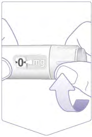Penna per iniezione con indicatore a 0 mg e freccia viola che indica il movimento di estrazione del cappuccio protettivo