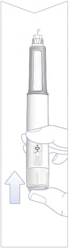 Penna per iniezione con ago protetto, tenuta in mano con freccia direzionale verso l