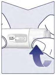 Penna iniettabile con dosaggio 0,25 mg, tenuta da una mano che preme il pulsante di rilascio del farmaco