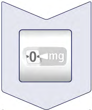 Dosatore di farmaco con indicatore a 0 mg su sfondo bianco e forma a scudo azzurra