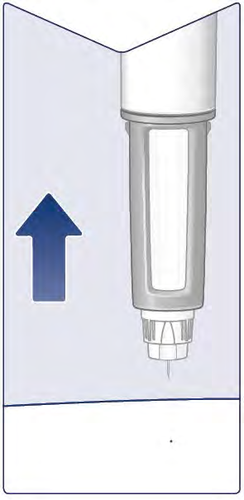 Penna iniettabile con ago trasparente e freccia blu rivolta verso l