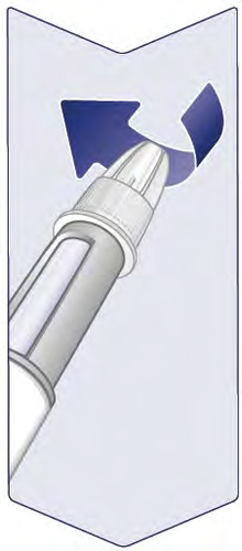 Siringa preriempita con ago protetto da cappuccio di sicurezza blu a freccia, indicazione di rimozione del cappuccio