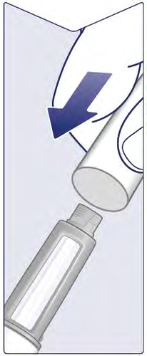 Fiala di vetro con tappo e ago collegato, collegata a una siringa cilindrica trasparente con freccia blu indicante la connessione