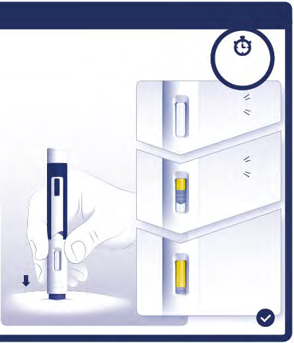 Penna iniettabile blu e bianca in mano, con freccia che indica l