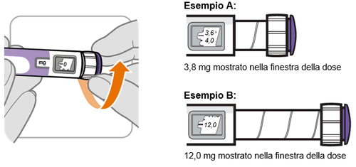 Penna per iniezione con dose impostata a 3,8 mg visualizzata nella finestra della dose, mano che ruota il selettore della dose con freccia arancione