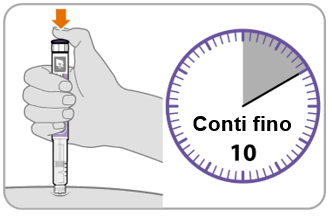 Mano che tiene un dispositivo autoiniettante con ago esposto e un cronometro che indica di contare fino a 10 secondi