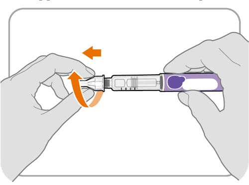 Mani che tengono un dispositivo per iniezione precompilato con freccia arancione che indica la rotazione del cappuccio protettivo