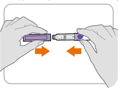 Mani che assemblano un dispositivo penna per iniezione con due componenti viola e frecce arancioni che indicano la direzione di connessione