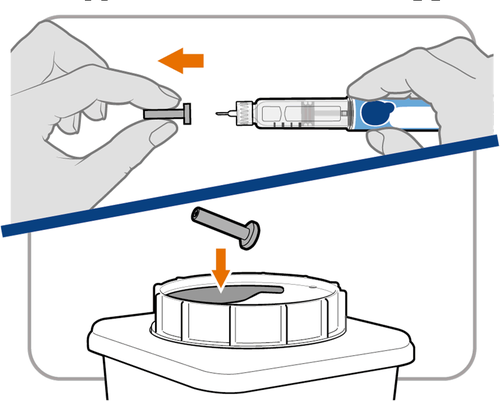 Penna iniettabile con ago avvitato e protezione rimossa, freccia indica l