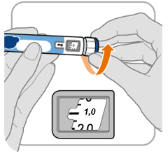 Penna iniettabile con ago e cartuccia, freccia arancione indica rotazione e display con valore 1,0 e 2,0