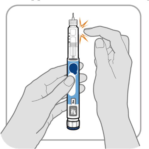 Penna iniettabile tenuta da una mano che inietta il farmaco nella pelle con un bagliore arancione attorno all