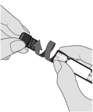 Mano che collega un adattatore nero a una fiala di vetro trasparente con freccia direzionale indicante il movimento