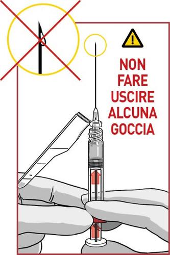 Siringa con ago inserito e mano che la tiene, simbolo di divieto con croce su goccia e avviso