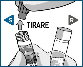 Fiala di vetro tenuta da una mano che estrae il farmaco con una siringa, freccia verso l