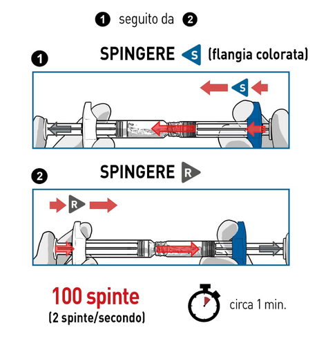 Siringa autoiniettante con freccia rossa che indica la direzione di spinta e indicazioni numeriche 100 spinte circa 1 minuto