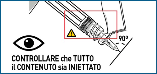 Siringa con ago che inietta il contenuto a 90 gradi, simbolo di avvertimento e occhio che controlla l