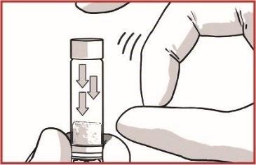 Fiala di vetro con liquido e frecce direzionali verticali tenuta da una mano che indica la direzione di agitazione