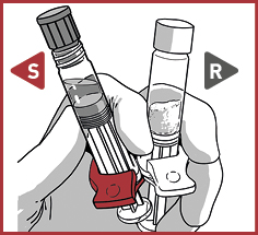 Mano che tiene due siringhe pre-riempite con farmaco e un dispositivo di connessione rosso, frecce indicano direzione S e R