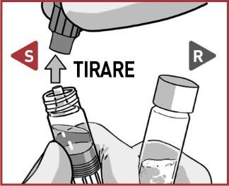 Mano che tira il pistone di una siringa collegata a un flacone di farmaco liquido e un flacone vuoto accanto