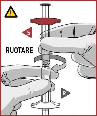 Siringa pre-riempita con farmaco trasparente tenuta da una mano che ruota il corpo della siringa indicato dalla freccia circolare