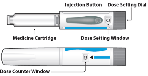 Penna per iniezione con cartuccia medicinale, quadrante e finestra di impostazione della dose e indicatore numerico della dose