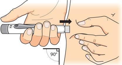 Mano che tiene una penna per iniezione con ago inserito nella pelle del braccio ad angolo retto con freccia indicante la direzione