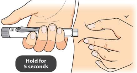Mano che tiene un dispositivo per iniezione sottocutanea premuto sulla pelle del braccio con indicazione di mantenere la pressione per 5 secondi