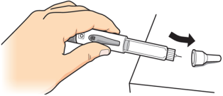 Mano che tiene un dispositivo per iniezione con ago estraibile e cappuccio protettivo rimosso freccia indica la direzione