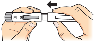 Mano che tiene un dispositivo penna per iniezione con ago esposto e freccia nera che indica la direzione