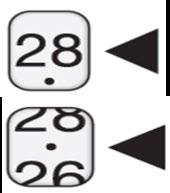 Due riquadri bianchi con angoli arrotondati mostrano i numeri 28 e 26 in nero con un punto centrale e una freccia nera a destra