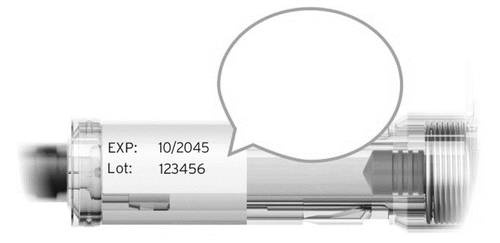 Fiala di vetro trasparente con etichetta indicante data di scadenza 10/2045 e numero di lotto 123456