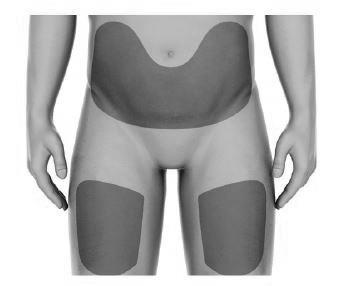 Torso umano stilizzato con evidenziate in grigio le aree di iniezione sottocutanea addominale e sulle cosce