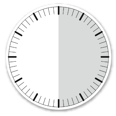 Orologio con quadrante bianco e lancetta che indica le 18:00 o le 6:00 con met&agrave; del cerchio grigio chiaro