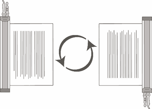 Due fiale mediche grigie con liquido trasparente e una freccia curva bianca che indica il movimento tra esse