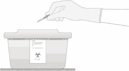 Mano che depone una penna stilografica sopra un contenitore bianco con simbolo di rischio biologico e etichetta