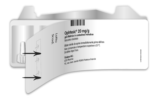 Confezione blister bianca con farmaco Oftesic 20mg/g e frecce nere che indicano l