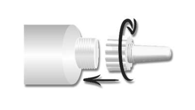 Cannula bianca avvitata su un cilindro pi&ugrave; grande con freccia nera che indica il movimento di avvitamento