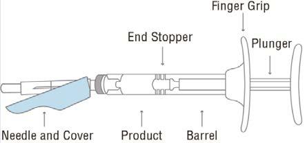 Siringa preriempita con ago protetto, indicati stantuffo, corpo, tappo terminale e zona di presa, vista laterale schematica