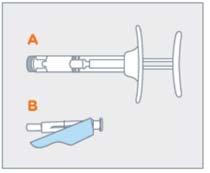 Siringa pre-riempita con stantuffo e cappuccio protettivo, e ago separato con protezione blu trasparente