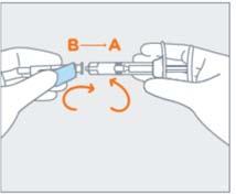 Due mani che tengono una siringa e un dispositivo di sicurezza arancione con frecce che indicano la rotazione per il blocco