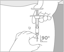 Mano che tiene una siringa con ago inserito perpendicolarmente nella pelle indicando un angolo di 90 gradi con una linea e un simbolo