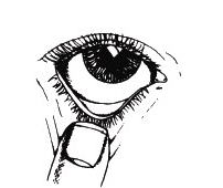 Occhio umano stilizzato con pupilla scura e ciglia delineate, con una goccia di liquido applicata sulla superficie inferiore