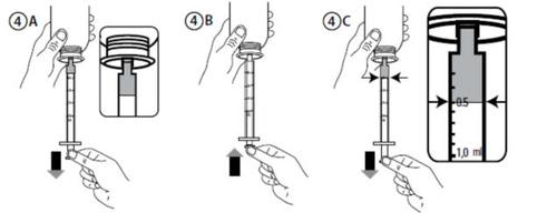 Siringa che preleva farmaco da flaconcino con stantuffo e scala graduata da 05 a 10 ml, mani che guidano l
