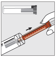 Siringa pre-riempita con stantuffo rosso e scala graduata, inserita in un adattatore trasparente con freccia direzionale