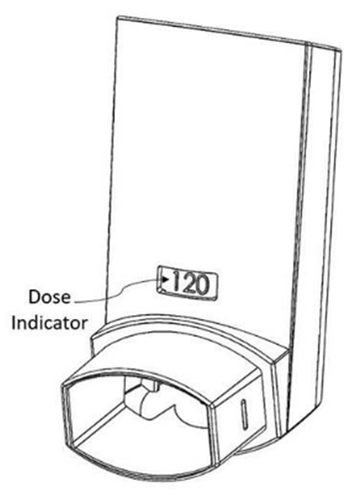 Dispositivo autoiniettante con indicatore della dose impostato su 120 unità e freccia che indica la lettura