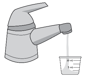 Rubinetto aperto con flusso di liquido che riempie un bicchiere graduato da 10ml con indicazioni di 5ml